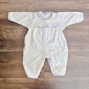 VINTAGE BABY DIOR EMBROIDERED SAILBOAT WHITE VELOUR ROMPER - 3 TO 6 M